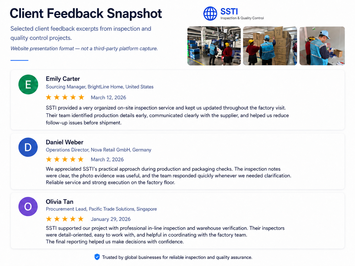 Client feedback snapshot for SSTI quality control service